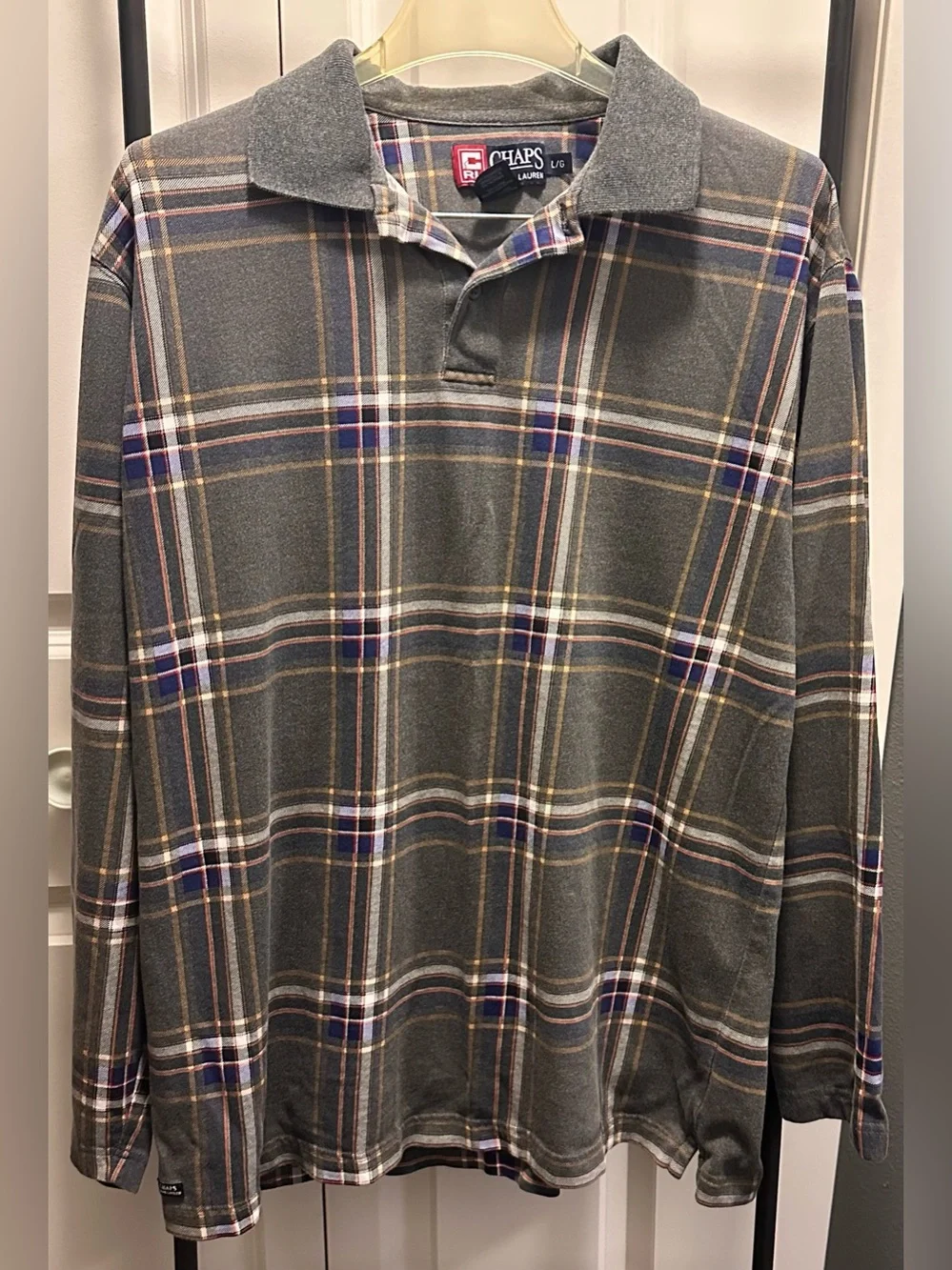 Chaps Ralph Lauren Men’s Gray Plaid Long-Sleeve Polo Shirt